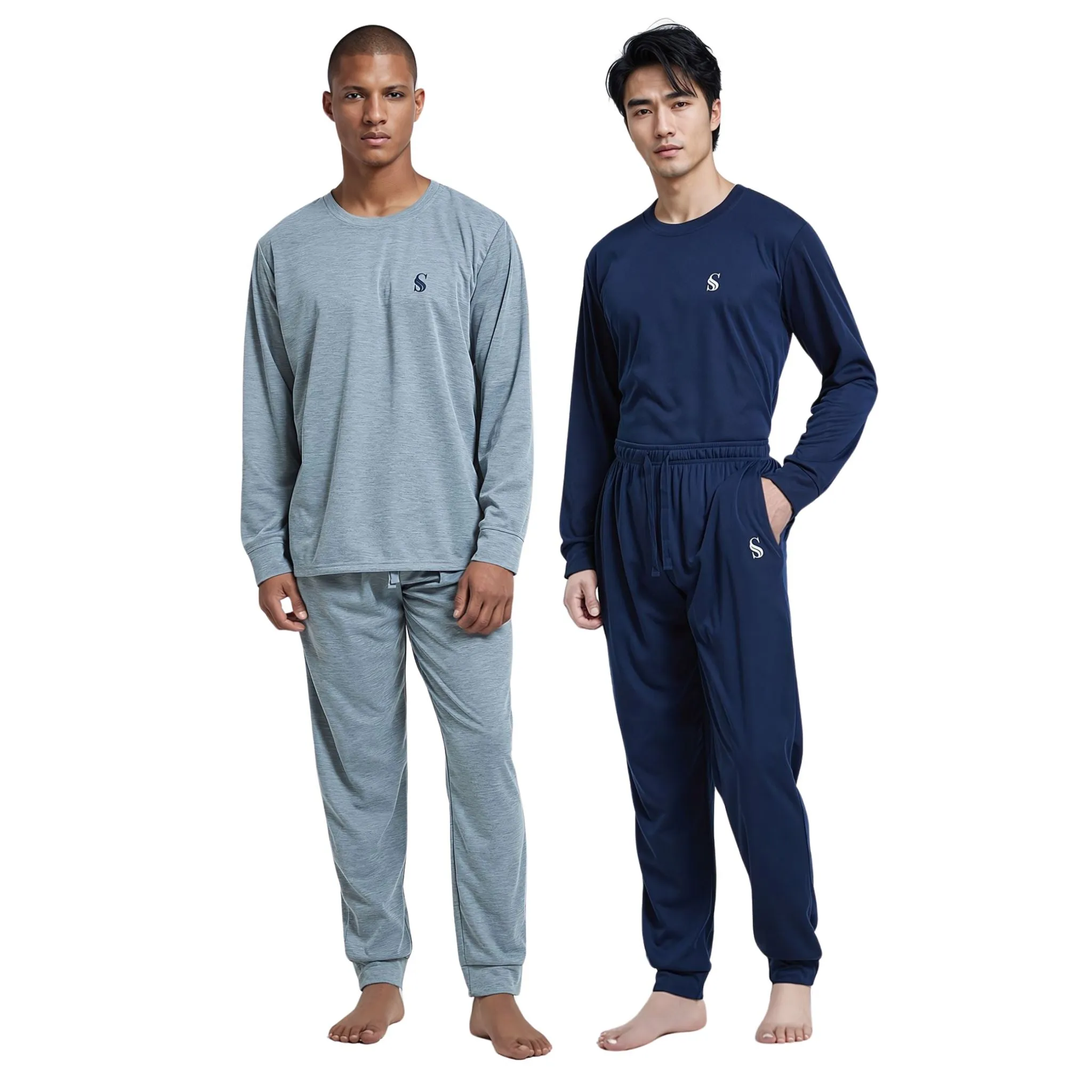 Pyjama Sets with Gray Cuffed Sleeves and Matching Bottoms