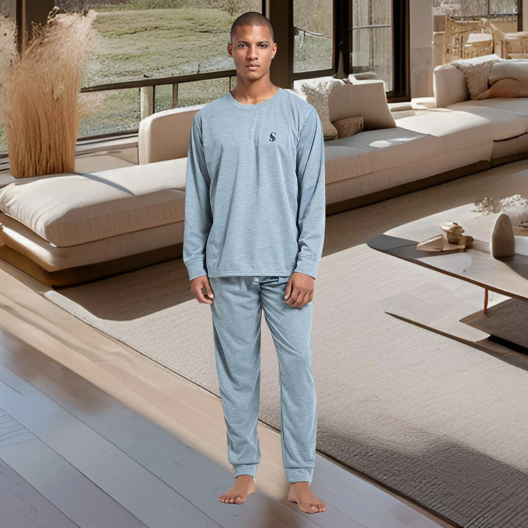 Pyjama Sets with Gray Cuffed Sleeves and Matching Bottoms