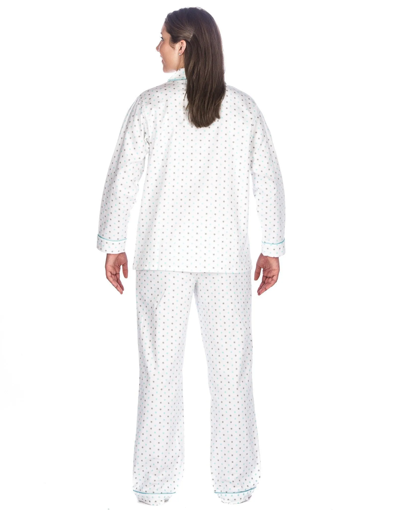 Realxed Fit Womens 100% Cotton Flannel Pajama Sleepwear Set - Stars White