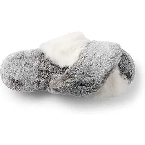 Roxoni Women's Cross Band Soft Furry Slipper 2 Tone Color Cozy Warm Comfy Slip On