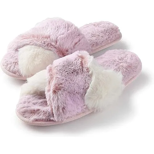 Roxoni Women's Cross Band Soft Furry Slipper 2 Tone Color Cozy Warm Comfy Slip On