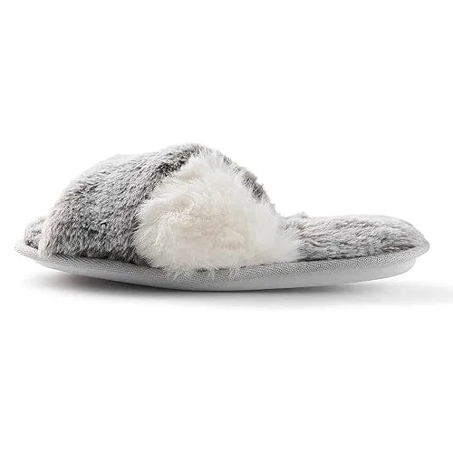 Roxoni Women's Cross Band Soft Furry Slipper 2 Tone Color Cozy Warm Comfy Slip On