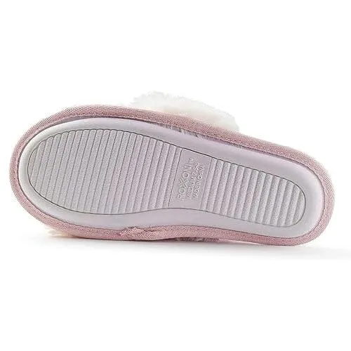 Roxoni Women's Cross Band Soft Furry Slipper 2 Tone Color Cozy Warm Comfy Slip On