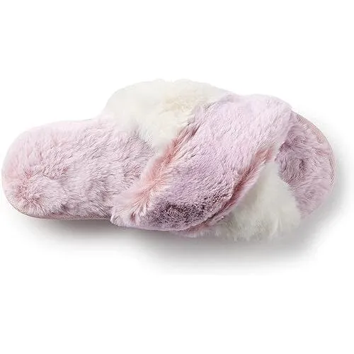 Roxoni Women's Cross Band Soft Furry Slipper 2 Tone Color Cozy Warm Comfy Slip On