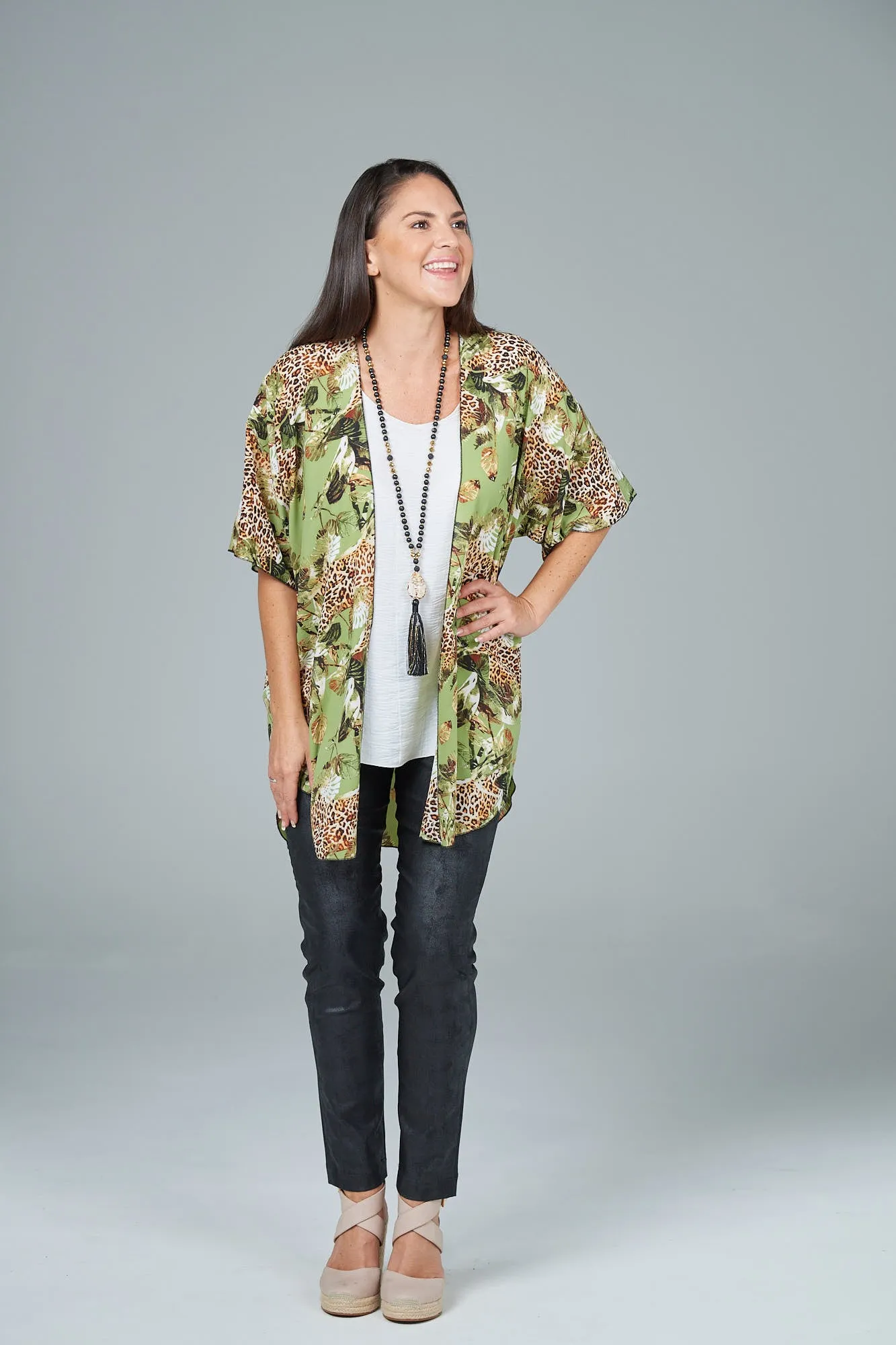 Safari Print Lightweight Stretch Poly Short Sleeve Kimono