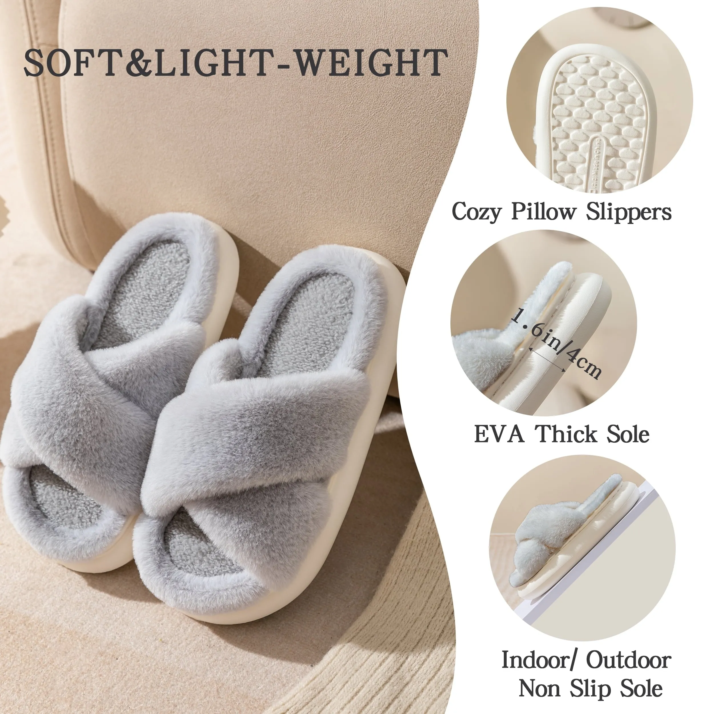 Slippers for Women Indoor, Women'S Fuzzy Slippers, Cross Band Slippers Indoor Outdoor Soft Open Toe Slippers, Gray