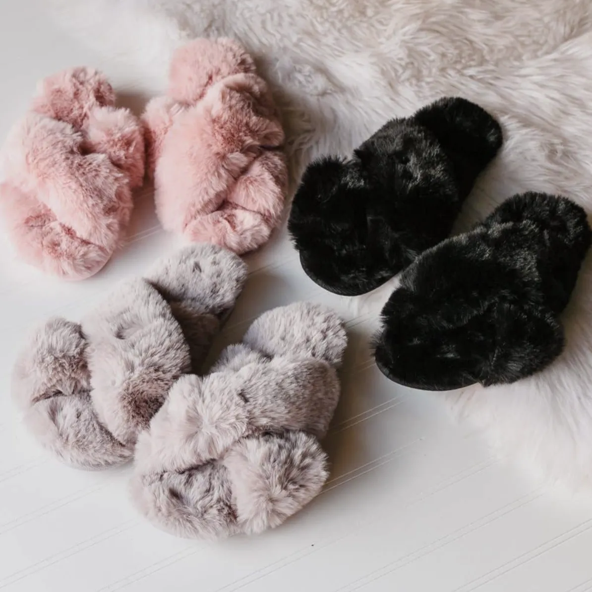 Slippers | Fuzzy Cross Band Slide Slippers