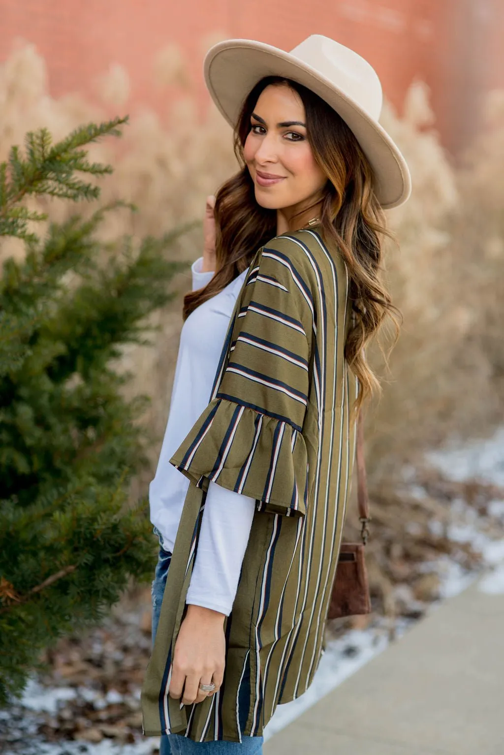 Striped Ruffle Sleeve Kimono