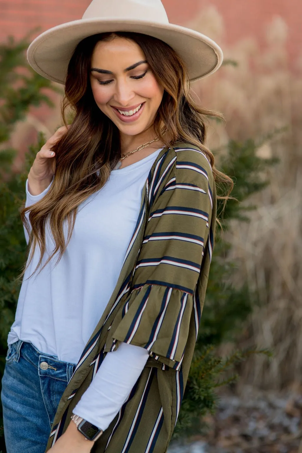 Striped Ruffle Sleeve Kimono