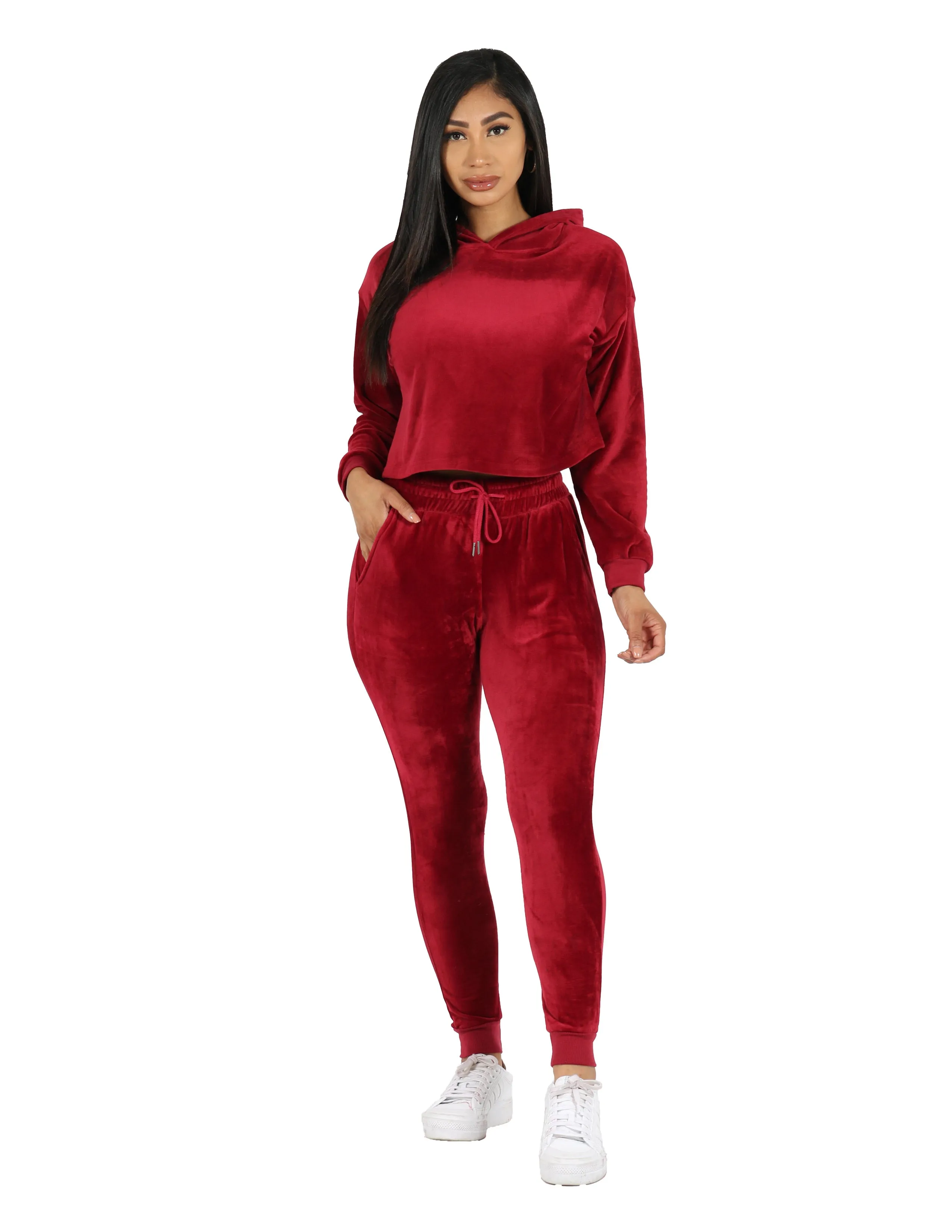 Velour Active Set Hoodie Crop Top and Jogger