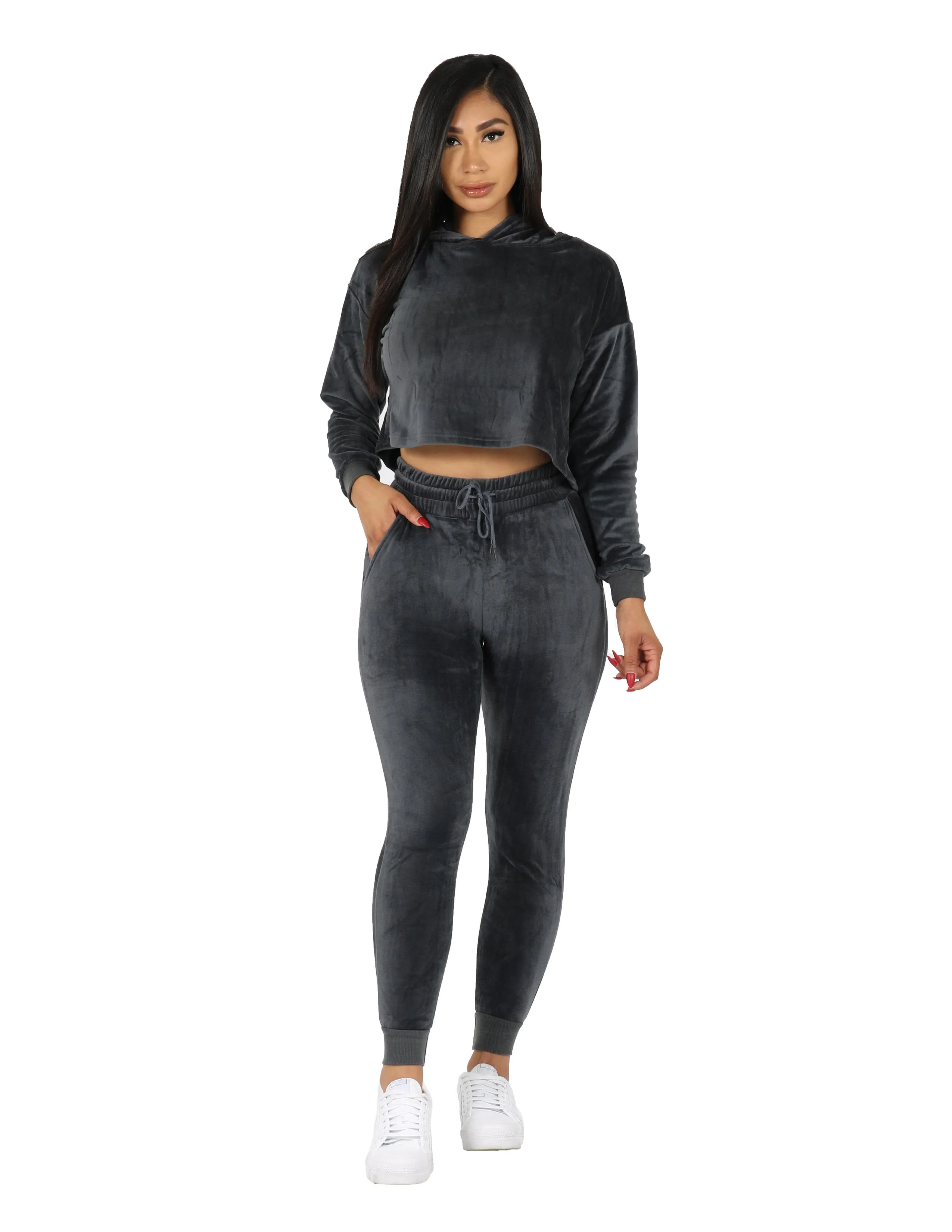 Velour Active Set Hoodie Crop Top and Jogger