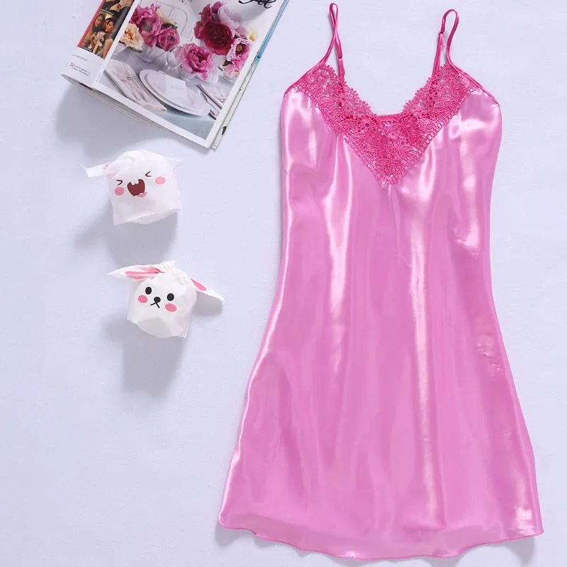 VenusFox Women Ice Silk Cool Nightgown Pyjamas Sexy V Neck Sleepwear Nightwear