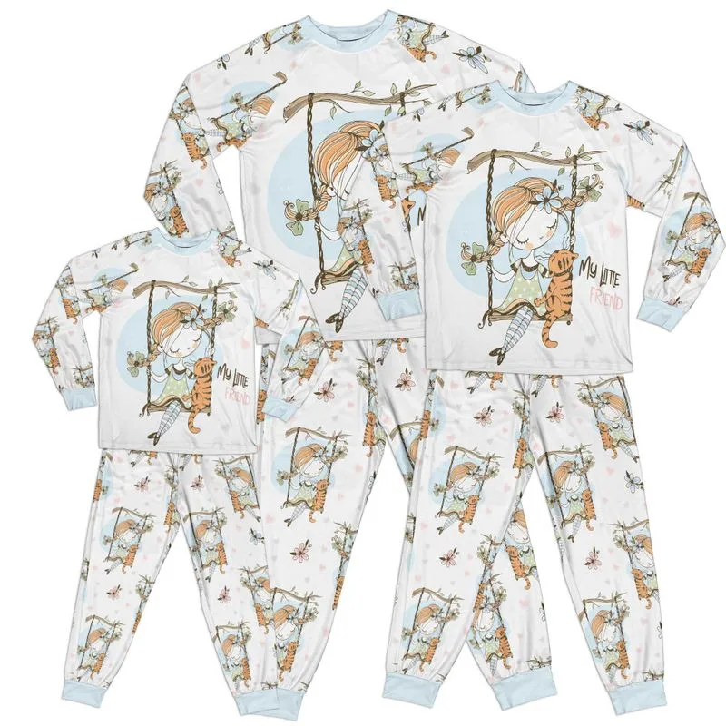 Whimsical Girl and Cat on Swing Blue Kid Pajamas Set Matching