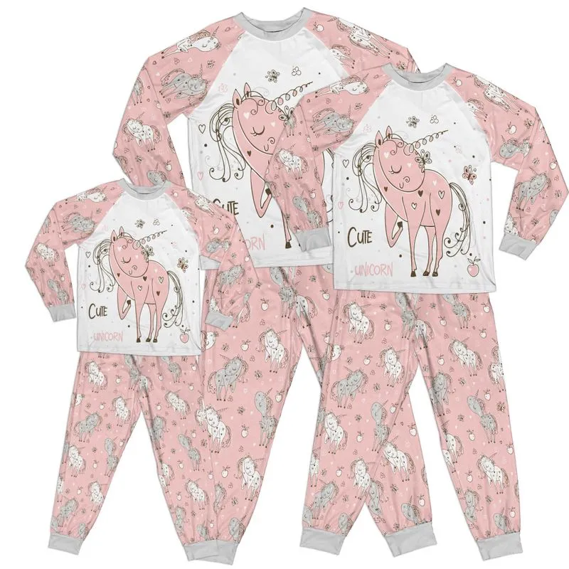 Whimsical Mystical Cute Unicorn Pink Kid Pajamas Set Matching