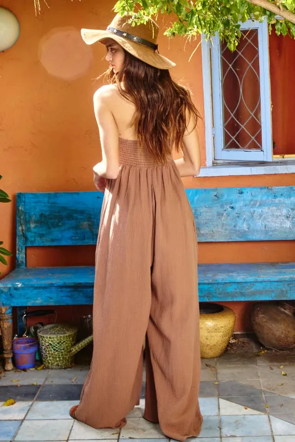 Women's Bucketlist Wide Leg Tube Top Solid Jersey Jumpsuit in Mocha