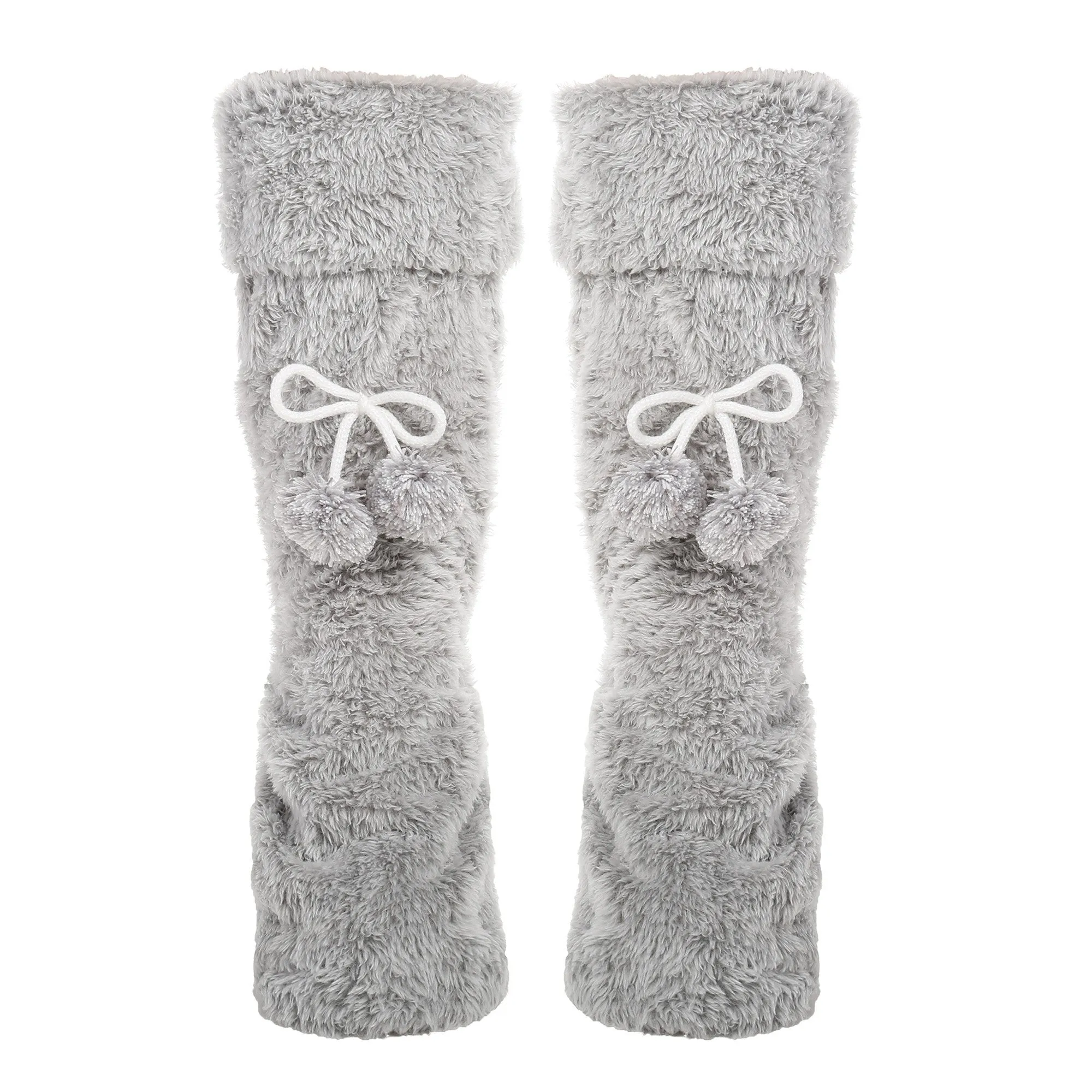 Women's Fuzzy Plush Tall Slipper Socks with Pom-Poms