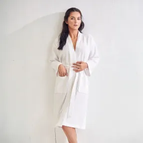 Women's Long Waffle Cotton Turkish Bathrobe, Kimono Style, Comfortable Soft & Fast Dry (White)