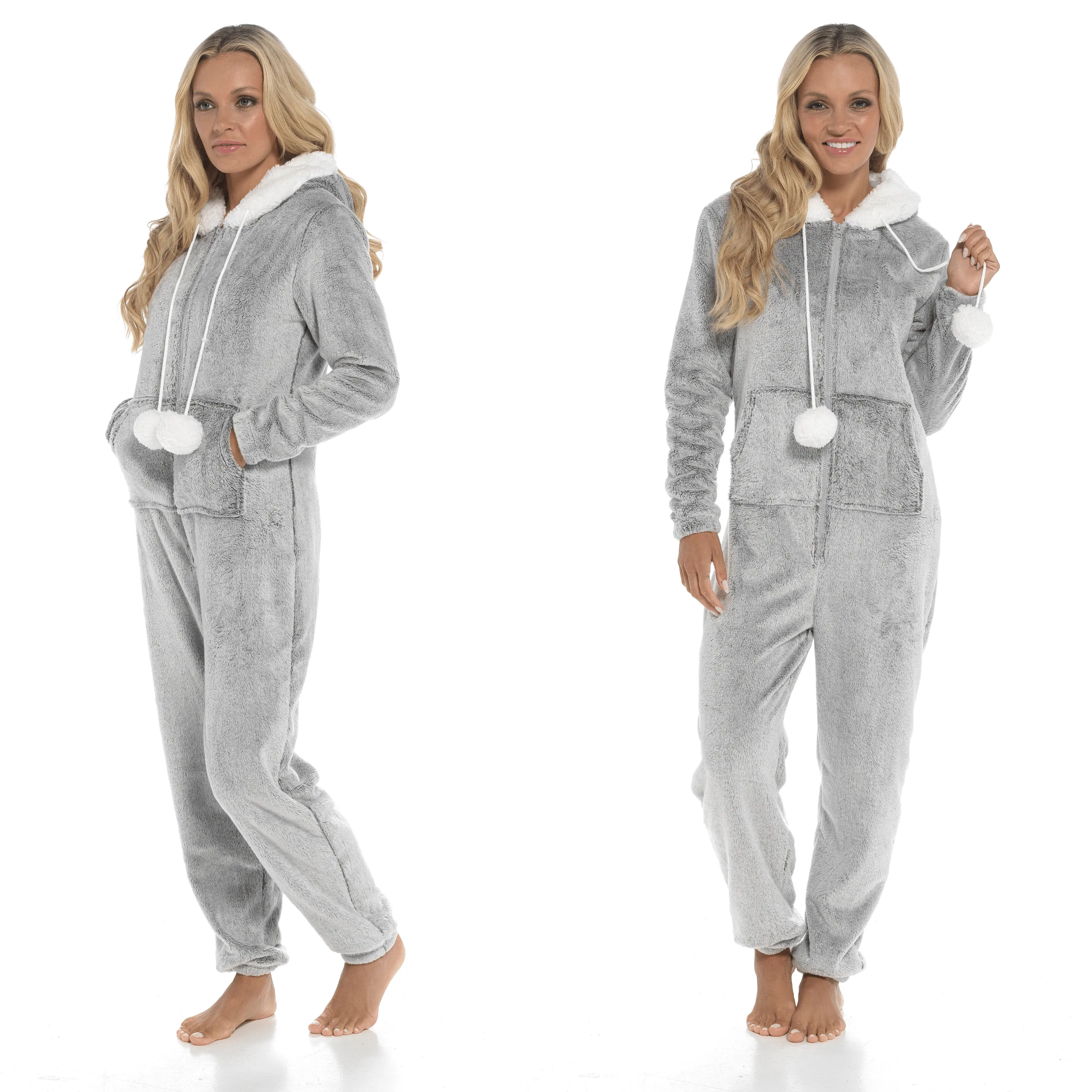 Women's Luxurious Shimmer Fleece Hooded Onesie with Zip Pockets and Pompoms Ultimate Comfort Sleepwear by Daisy Dreamer