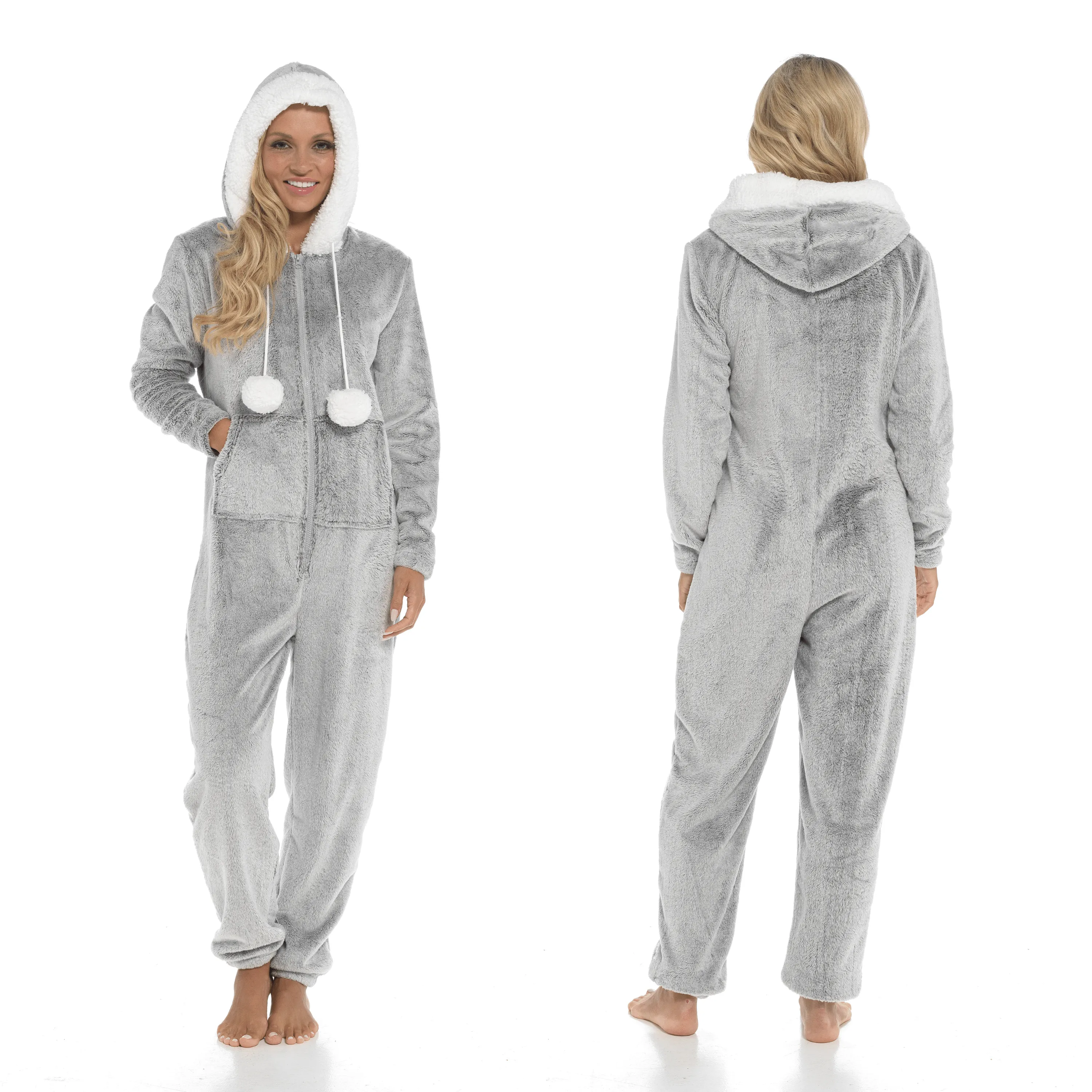 Women's Luxurious Shimmer Fleece Hooded Onesie with Zip Pockets and Pompoms Ultimate Comfort Sleepwear by Daisy Dreamer