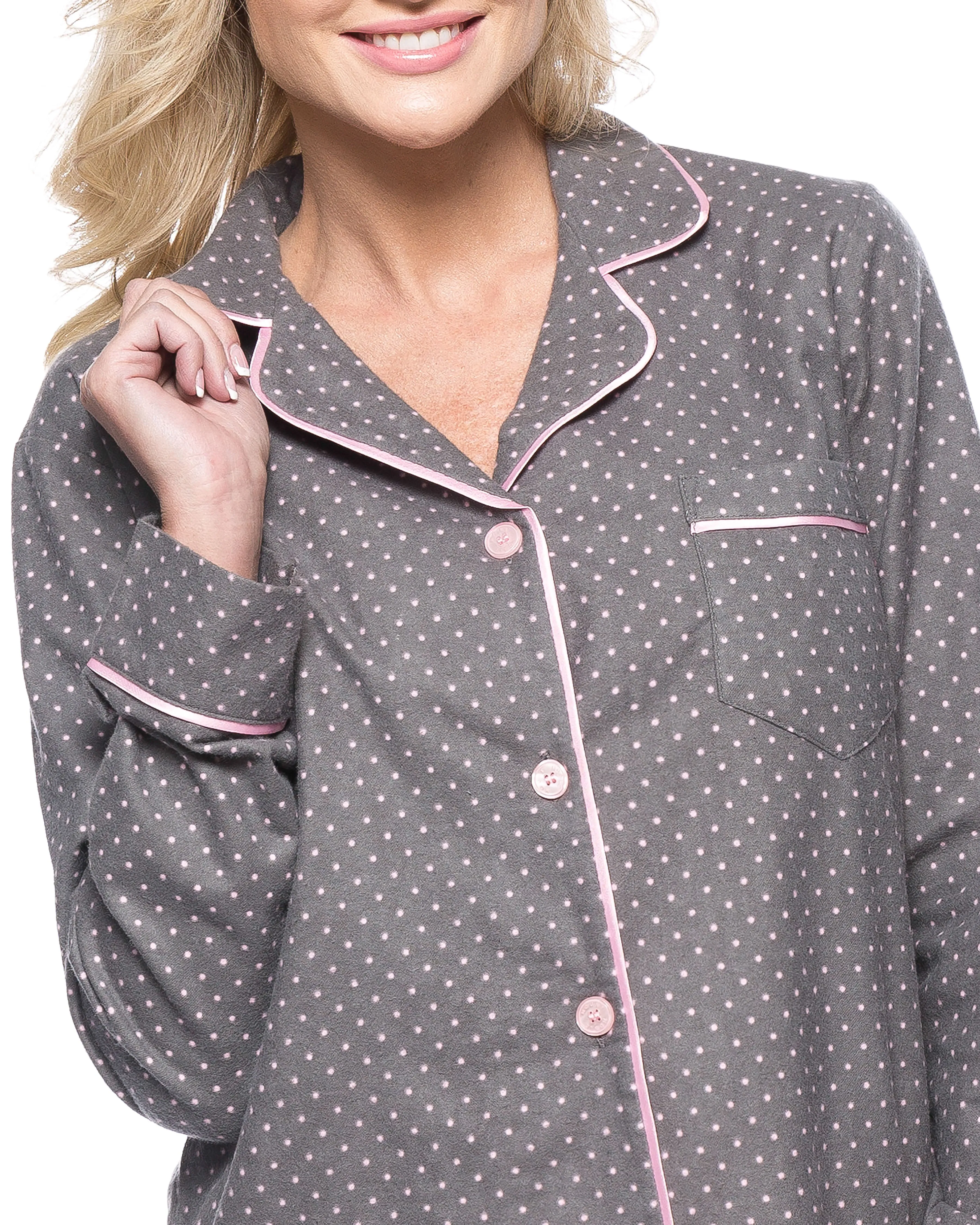 Womens Premium 100% Cotton Flannel Pajama Sleepwear Set - Pindots Charcoal-Pink