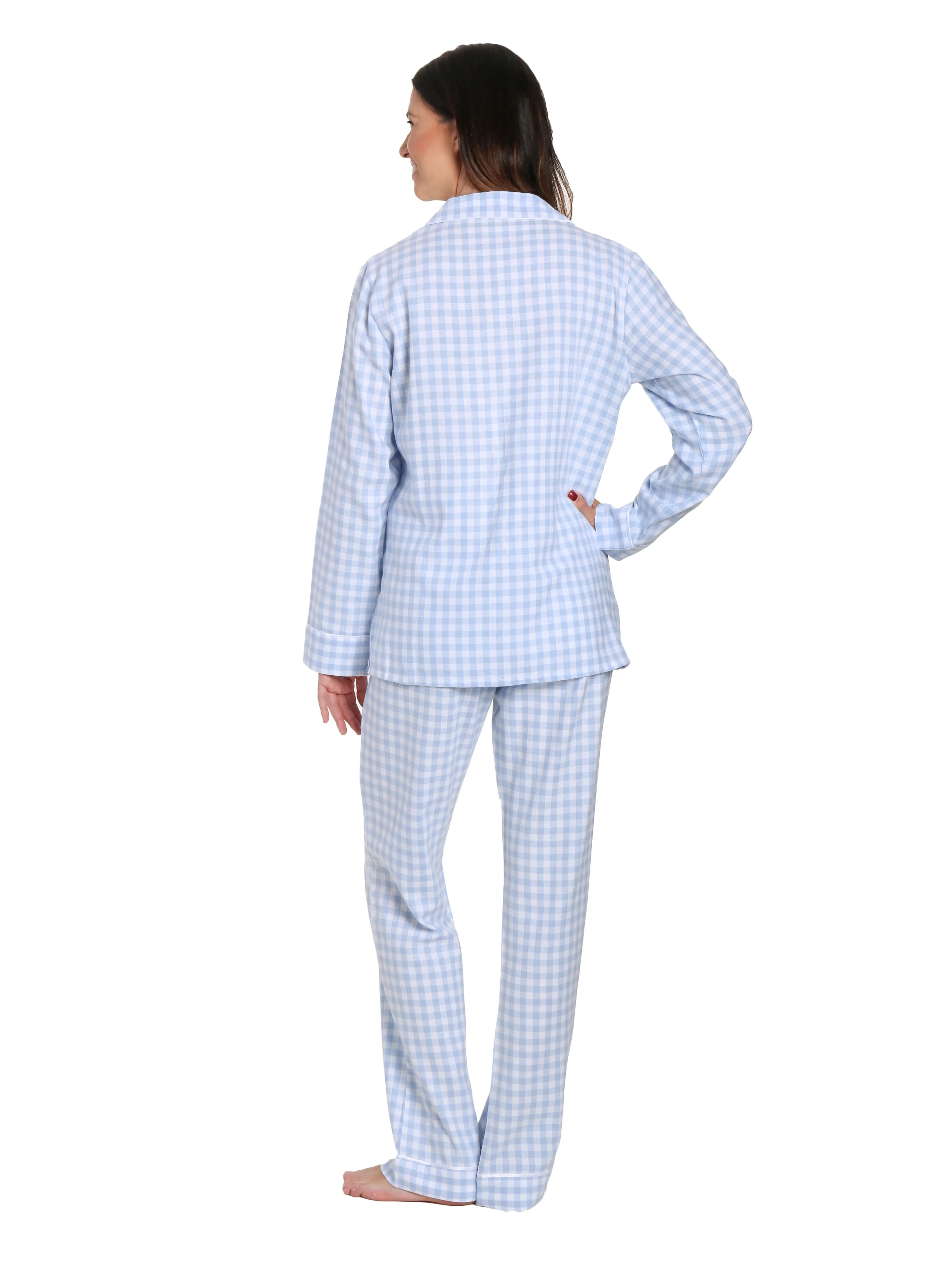 Womens Premium 100% Cotton Yarn Dyed Flannel Pajama Sleepwear Set - Gingham Blue-White