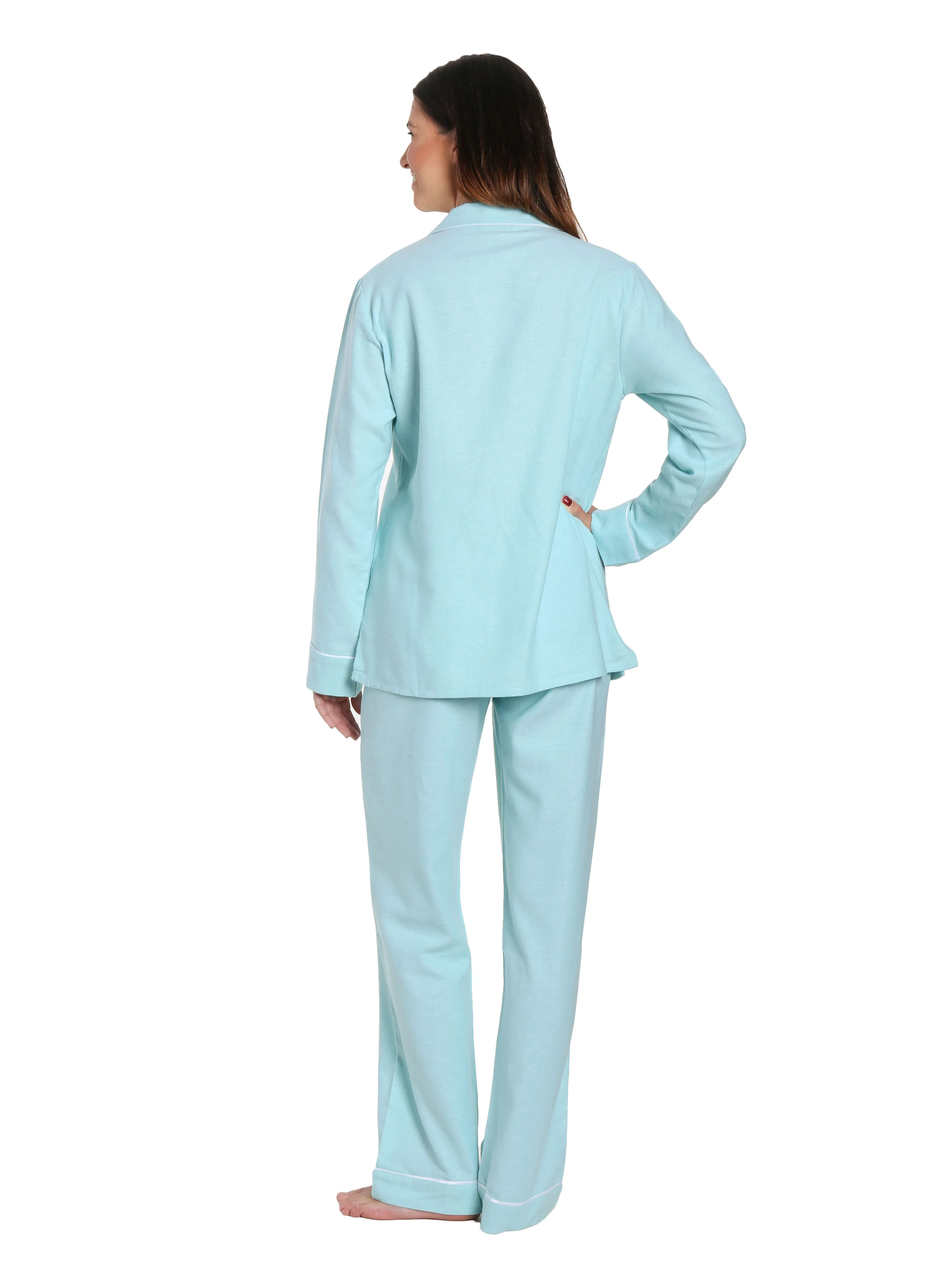 Womens Premium 100% Cotton Yarn Dyed Flannel Pajama Sleepwear Set - Herringbone Aqua