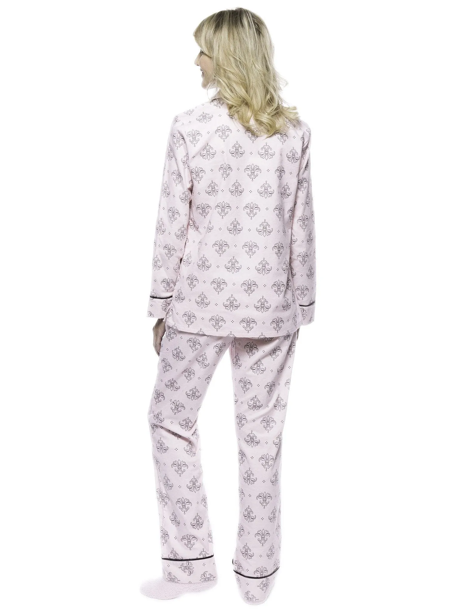 Womens Premium Cotton Flannel Pajama Sleepwear Set - Fleur Pink/Black