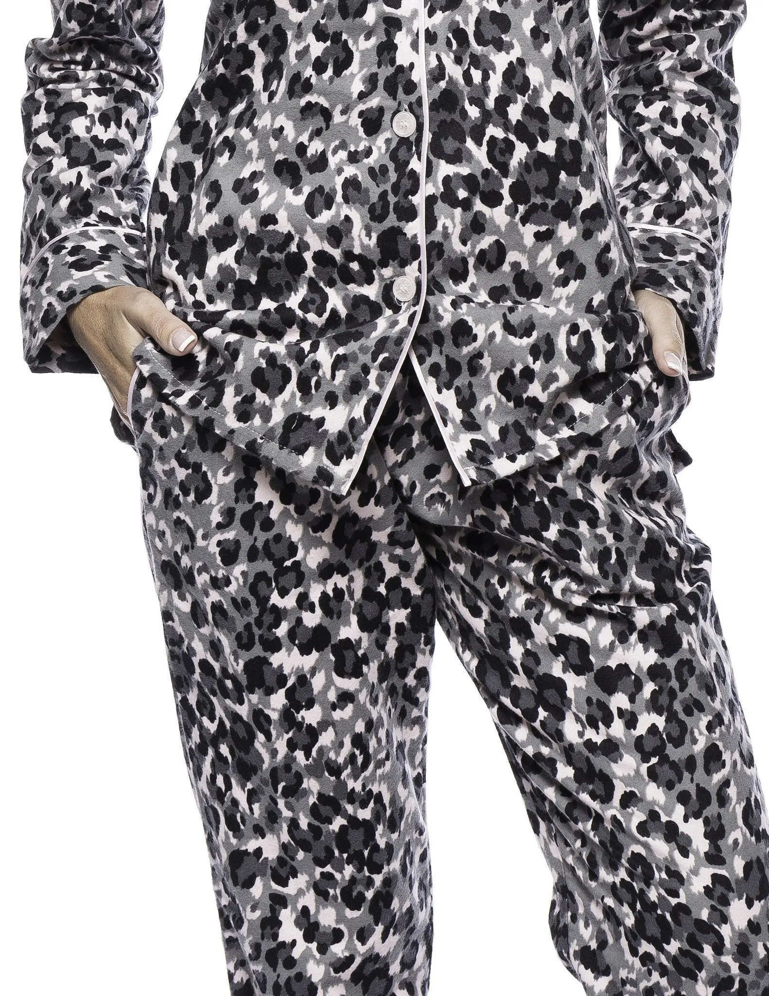 Womens Premium Cotton Flannel Pajama Sleepwear Set - Leopard Pink/Grey