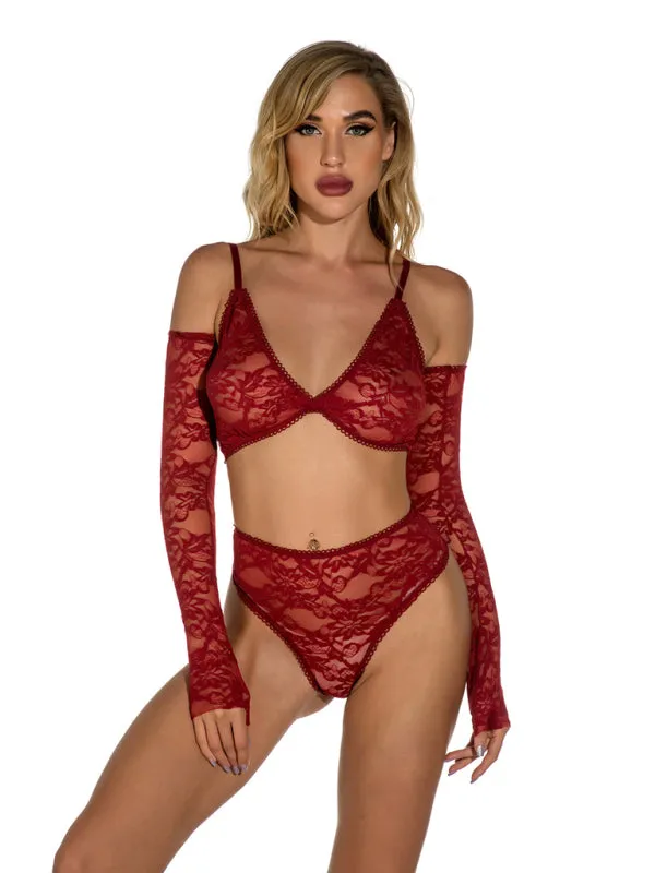 Women's Sexy Lace Bra And Pants Lingerie Set With Matching Full Length Gloves