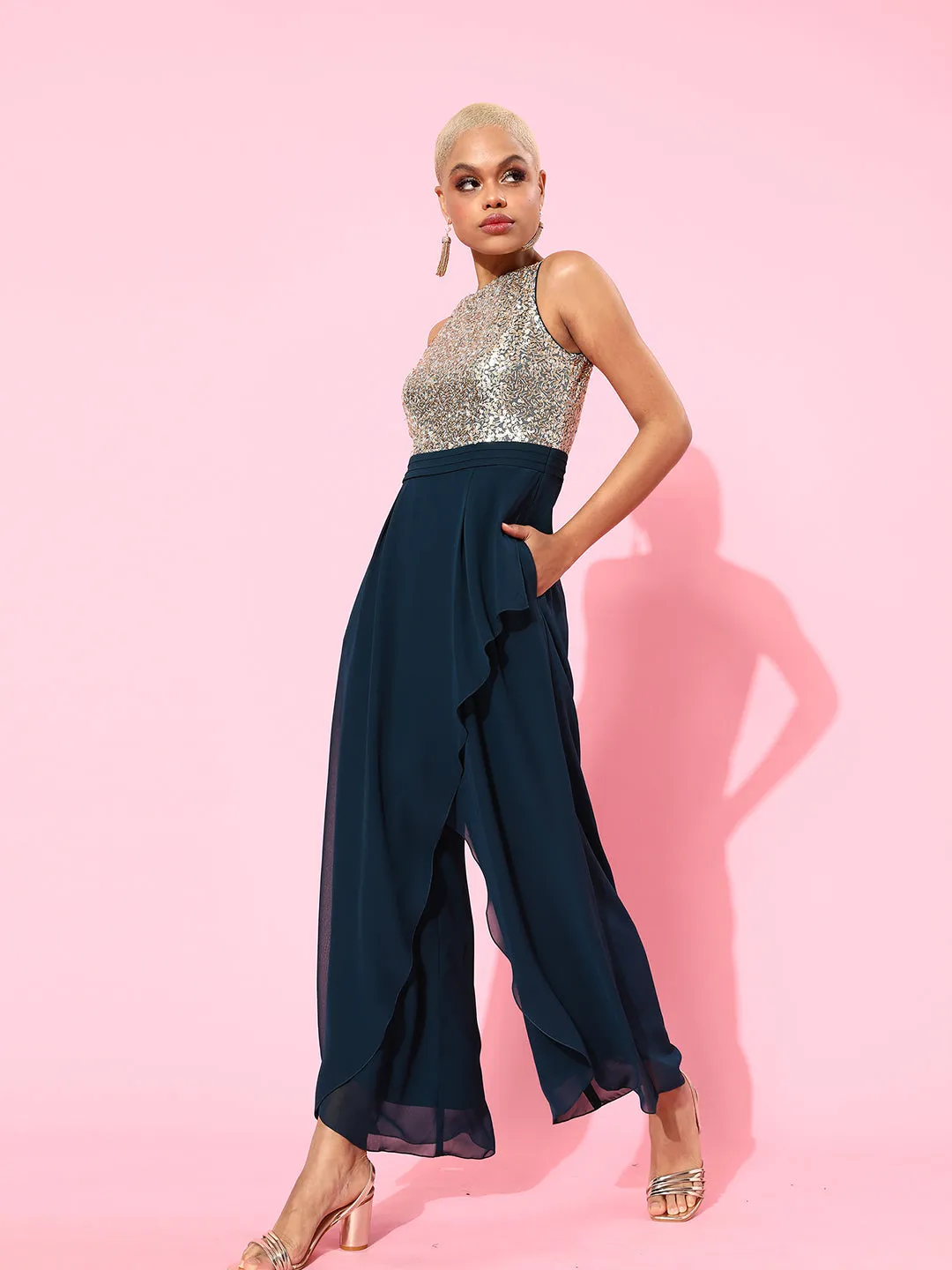 Women's Teal Relaxed Fit Round Neck Sleeveless Sequined Party Jumpsuit